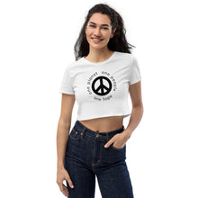 将图片加载到图库查看器,Organic Crop Top with Peace Symbol and Globe Tagline