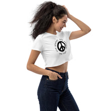 将图片加载到图库查看器,Organic Crop Top with Peace Symbol and Globe Tagline