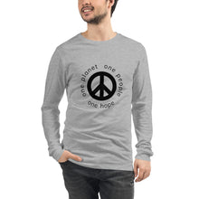 गैलरी व्यूवर में इमेज लोड करें, Unisex Long Sleeve Tee with Peace Symbol and Globe Tagline