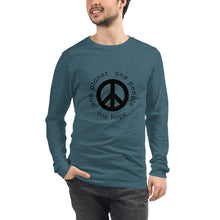 गैलरी व्यूवर में इमेज लोड करें, Unisex Long Sleeve Tee with Peace Symbol and Globe Tagline