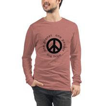 गैलरी व्यूवर में इमेज लोड करें, Unisex Long Sleeve Tee with Peace Symbol and Globe Tagline