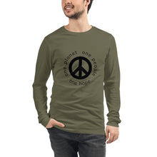 गैलरी व्यूवर में इमेज लोड करें, Unisex Long Sleeve Tee with Peace Symbol and Globe Tagline