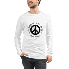 गैलरी व्यूवर में इमेज लोड करें, Unisex Long Sleeve Tee with Peace Symbol and Globe Tagline