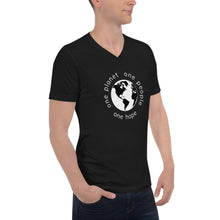 Cargar imagen en el visor de la galería, Short Sleeve V-Neck T-Shirt with Earth and White Globe Tagline
