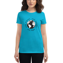 Load image into Gallery viewer, Women's short sleeve T-shirt with Earth and Black Globe Tagline