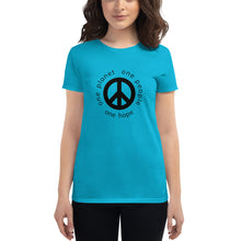 Load image into Gallery viewer, Women's short sleeve T-shirt with Peace Symbol and Globe Tagline