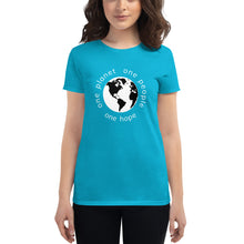 Charger l'image dans la galerie, Women's short sleeve T-shirt with Earth and Globe Tagline
