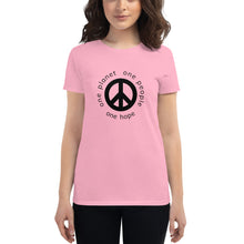Load image into Gallery viewer, Women's short sleeve T-shirt with Peace Symbol and Globe Tagline