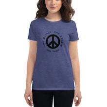 Load image into Gallery viewer, Women's short sleeve T-shirt with Peace Symbol and Globe Tagline