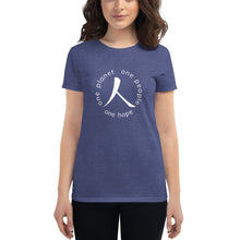 Cargar imagen en el visor de la galería, Women's short sleeve T-shirt with Humankind Symbol and Globe Tagline
