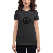 Load image into Gallery viewer, Women's short sleeve T-shirt with Peace Symbol and Globe Tagline