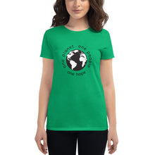 Load image into Gallery viewer, Women's short sleeve T-shirt with Earth and Black Globe Tagline