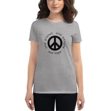 Load image into Gallery viewer, Women's short sleeve T-shirt with Peace Symbol and Globe Tagline