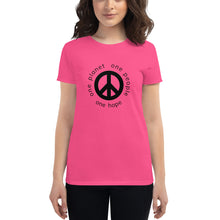 Load image into Gallery viewer, Women's short sleeve T-shirt with Peace Symbol and Globe Tagline