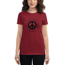 Load image into Gallery viewer, Women's short sleeve T-shirt with Peace Symbol and Globe Tagline
