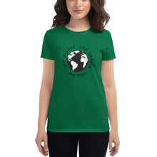 Load image into Gallery viewer, Women's short sleeve T-shirt with Earth and Black Globe Tagline
