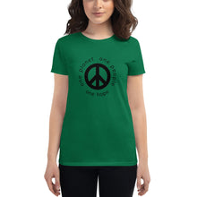 Load image into Gallery viewer, Women's short sleeve T-shirt with Peace Symbol and Globe Tagline