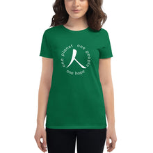 Cargar imagen en el visor de la galería, Women's short sleeve T-shirt with Humankind Symbol and Globe Tagline