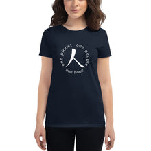 Cargar imagen en el visor de la galería, Women's short sleeve T-shirt with Humankind Symbol and Globe Tagline