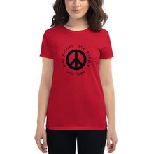 Load image into Gallery viewer, Women's short sleeve T-shirt with Peace Symbol and Globe Tagline