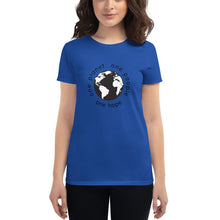 Load image into Gallery viewer, Women's short sleeve T-shirt with Earth and Black Globe Tagline