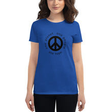 Load image into Gallery viewer, Women's short sleeve T-shirt with Peace Symbol and Globe Tagline