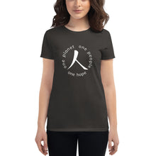 Cargar imagen en el visor de la galería, Women's short sleeve T-shirt with Humankind Symbol and Globe Tagline