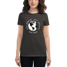 Charger l'image dans la galerie, Women's short sleeve T-shirt with Earth and Globe Tagline