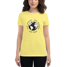 Load image into Gallery viewer, Women's short sleeve T-shirt with Earth and Black Globe Tagline