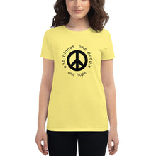 Load image into Gallery viewer, Women's short sleeve T-shirt with Peace Symbol and Globe Tagline