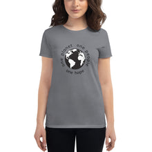 Load image into Gallery viewer, Women's short sleeve T-shirt with Earth and Black Globe Tagline