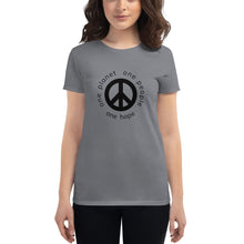 Load image into Gallery viewer, Women's short sleeve T-shirt with Peace Symbol and Globe Tagline