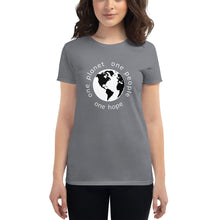Charger l'image dans la galerie, Women's short sleeve T-shirt with Earth and Globe Tagline