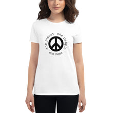 Load image into Gallery viewer, Women's short sleeve T-shirt with Peace Symbol and Globe Tagline