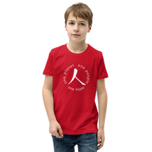 Load image into Gallery viewer, Youth Short Sleeve T-Shirt with Humankind Symbol and Globe Tagline