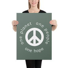 Load image into Gallery viewer, Canvas Print with Peace Symbol and Globe Tagline
