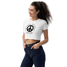 Load image into Gallery viewer, Organic Crop Top with Peace Symbol and Globe Tagline
