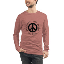 Load image into Gallery viewer, Unisex Long Sleeve Tee with Peace Symbol and Globe Tagline
