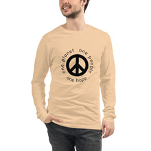 Load image into Gallery viewer, Unisex Long Sleeve Tee with Peace Symbol and Globe Tagline
