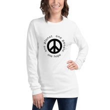 Load image into Gallery viewer, Unisex Long Sleeve Tee with Peace Symbol and Black Tagline
