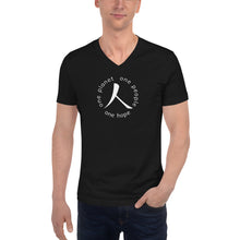 Load image into Gallery viewer, Short Sleeve V-Neck T-Shirt with Humankind Symbol and Globe Tagline
