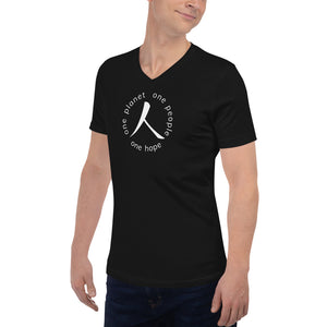Short Sleeve V-Neck T-Shirt with Humankind Symbol and Globe Tagline