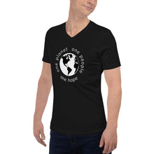 Load image into Gallery viewer, Short Sleeve V-Neck T-Shirt with Earth and White Globe Tagline
