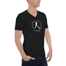 Load image into Gallery viewer, Short Sleeve V-Neck T-Shirt with Humankind Symbol and Globe Tagline
