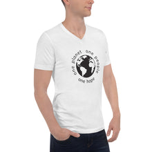 Load image into Gallery viewer, Short Sleeve V-Neck T-Shirt with Earth and Black Tagline
