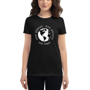 Women's short sleeve T-shirt with Earth and Globe Tagline