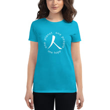 Load image into Gallery viewer, Women&#39;s short sleeve T-shirt with Humankind Symbol and Globe Tagline
