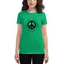 Load image into Gallery viewer, Women&#39;s short sleeve T-shirt with Peace Symbol and Globe Tagline
