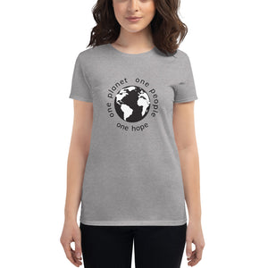 Women's short sleeve T-shirt with Earth and Black Globe Tagline