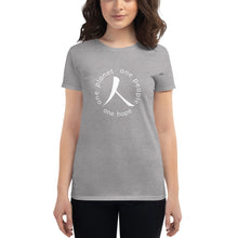 Load image into Gallery viewer, Women&#39;s short sleeve T-shirt with Humankind Symbol and Globe Tagline
